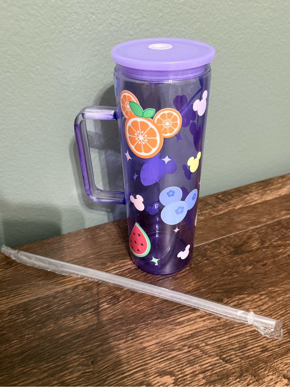 Purple GLASS Disney Fruit Print Travel Mug with Handle